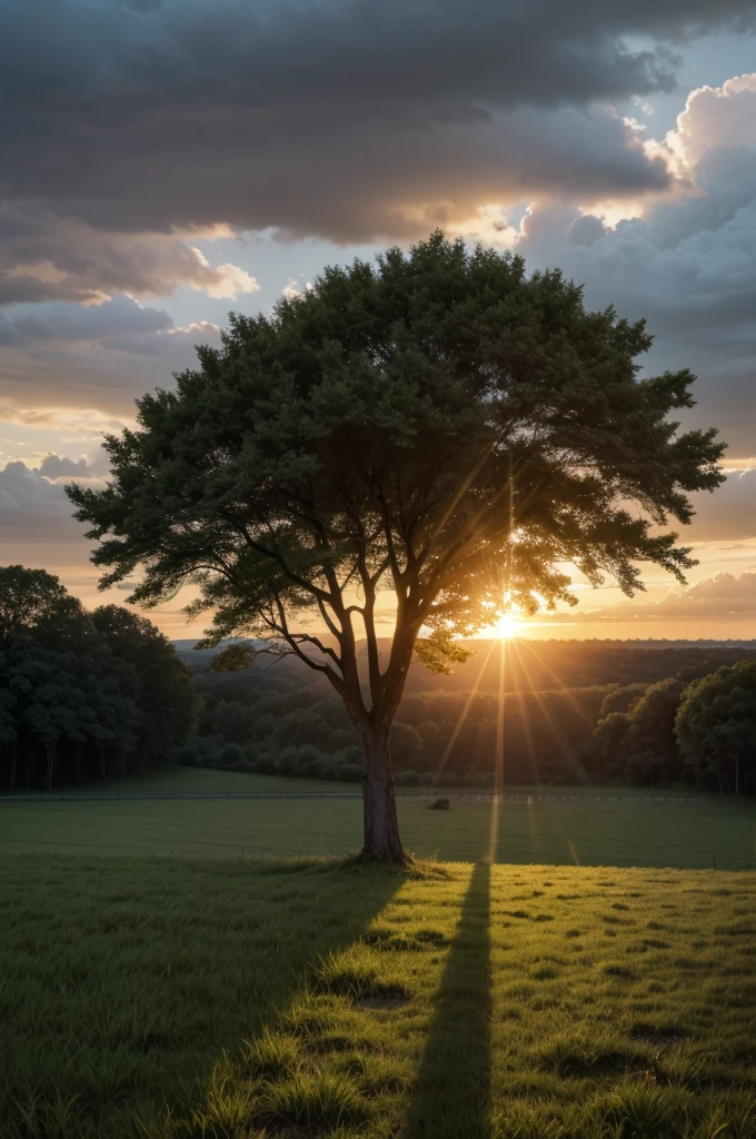 landscape, rain and sun, Field, plain, sunset, trees