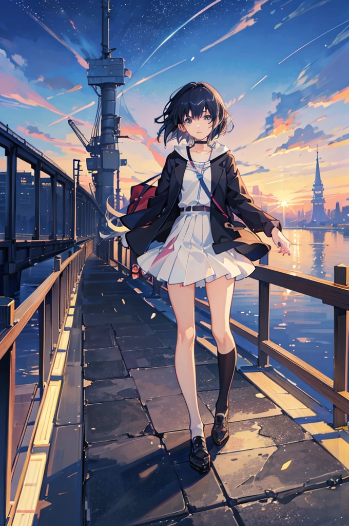 A girl standing on a bridge looking at the night sky, Anime drawings inspired by Makoto Shinkai, CG society hot topic, Sequential Art, anime art wallpaper 4k, anime art wallpaper 4k, anime wallpaper 4k, anime wallpaper 4k, Anime Style 4k, Anime Girl Desktop Backgrounds, Anime Art Wallpapers 8K, 4k anime wallpaper