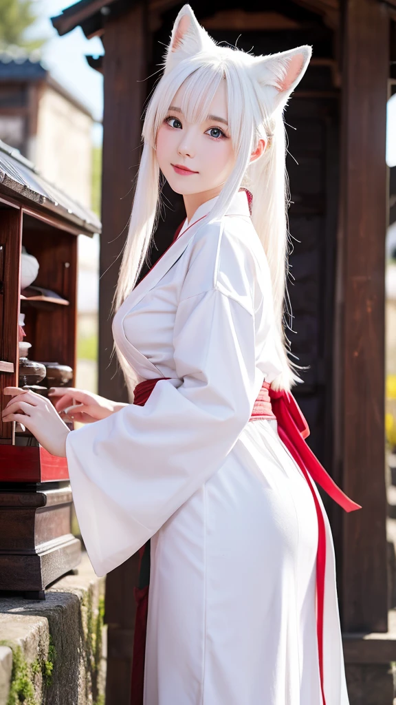 White fox beauty、Pale skin、tail、shrine、8K、Shrine maiden outfit、Look forward、The Big Picture、