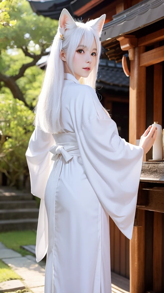 White fox beauty、Pale skin、tail、shrine、8K、Shrine maiden outfit、Look forward、The Big Picture、