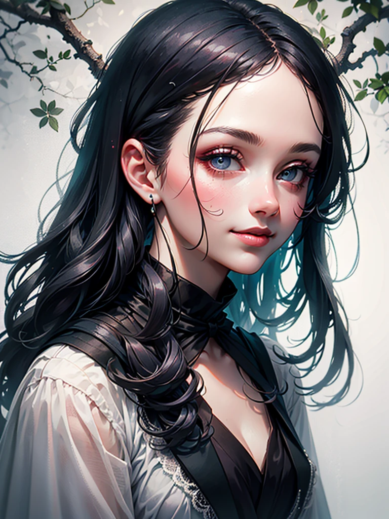 work of art, ultra realistic, 8k, perfect, a beautiful young woman, perfect face, discreet smile, dark makeup, black hair, dressed as a witch, dark forest in the background, soft fog, low light