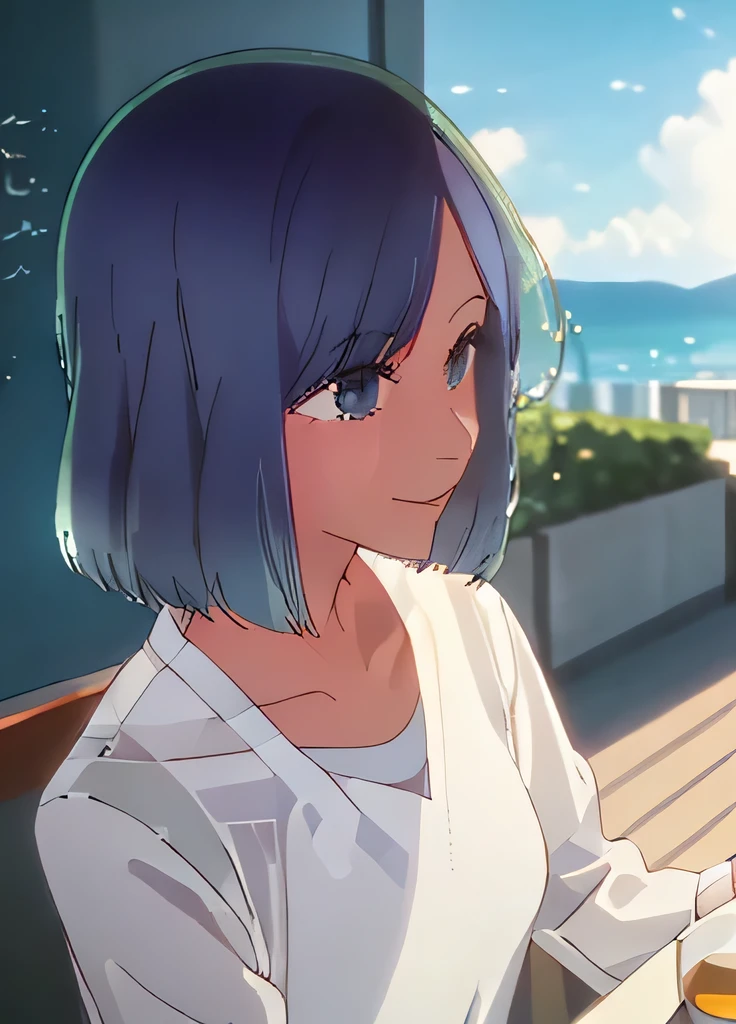 (top quality:1.4, 8k:1.4,detailed),F Cup bust, big breasts, Slender and beautiful arms, slender body, beautiful very fair skin, 1 person, smile, swimsuits, smile, sit, Chair, In the background are the urban buildings of Tokyo, Outdoor cafe terrace, coastal, Navy blue hair color, juice, table, She is wearing a white high-leg bikini with side straps, Touching the chest, Shot from a little above, searching, very pretty face, looking at the camera, very beautiful face, very blue sky, A completely clear sky, She tilted her head slightly, The atmosphere is bright and lively, The woman is in the center of the image.