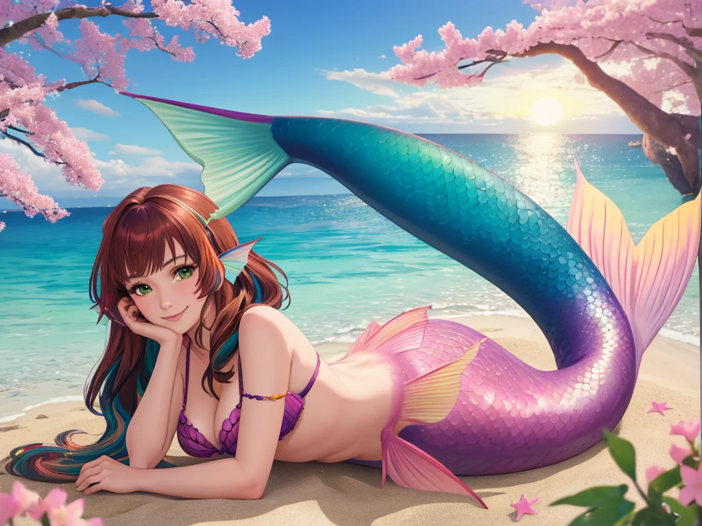 masterpiece, best quality:1.2), 1girl, smile, looking at viewer, green eyes, short brown multicolored hair, mermaid, mermaid girl, wearing purple seashell bra, laying on belly on beach, colorful mermaid tail, outdoors, head fins, fin ears, under cherry blossoms