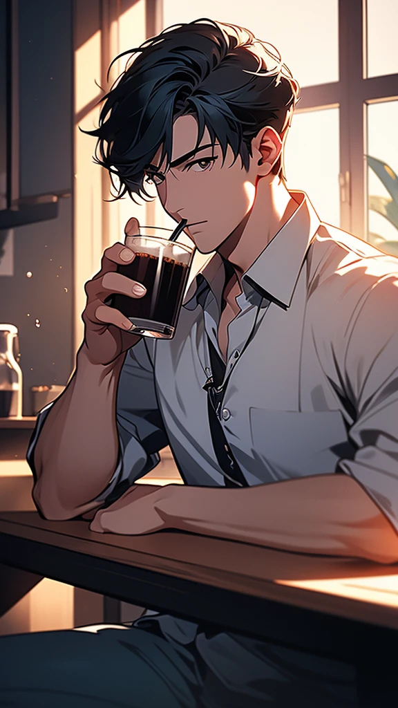 (Extremely detailed CG unified 8k wallpaper),(masterpiece), (best quality), (Super detailed), (Best illustration),(The best shadow), A man，Drink coffee，Stand by the window，black hair，It's dark indoors，The city lights outside the window are bright，silence，White T-shirt，jeans，Half-length photo