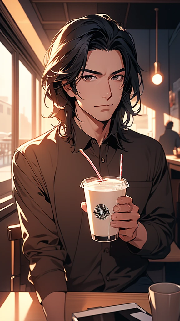 (Extremely detailed CG unified 8k wallpaper),(masterpiece), (best quality), (Super detailed), (Best illustration),(The best shadow), A man，Drink coffee，Stand by the window，black hair，It&#39;s dark indoors，The city lights outside the window are bright，silence，White T-shirt，jeans，Half-length photo