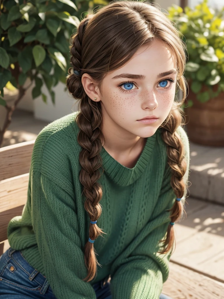 Cute sixteen year old woman with brown hair tied up in a braid, blue eyes, tired and serious look, freckles on cheeks and long eyelashes, wear a green sweater and jeans. They see her attractive and mature.