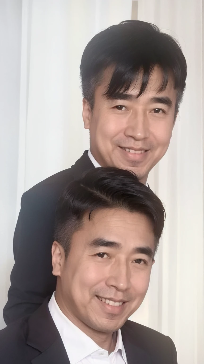 40-year-old male, Soft headlight,High-density imaging,(Clean and delicate face),((Black suit)),((Various dynamic poses)),((Smile)),((White curtains in the background)),best quality,masterpiece,(Soft colors:1.2)