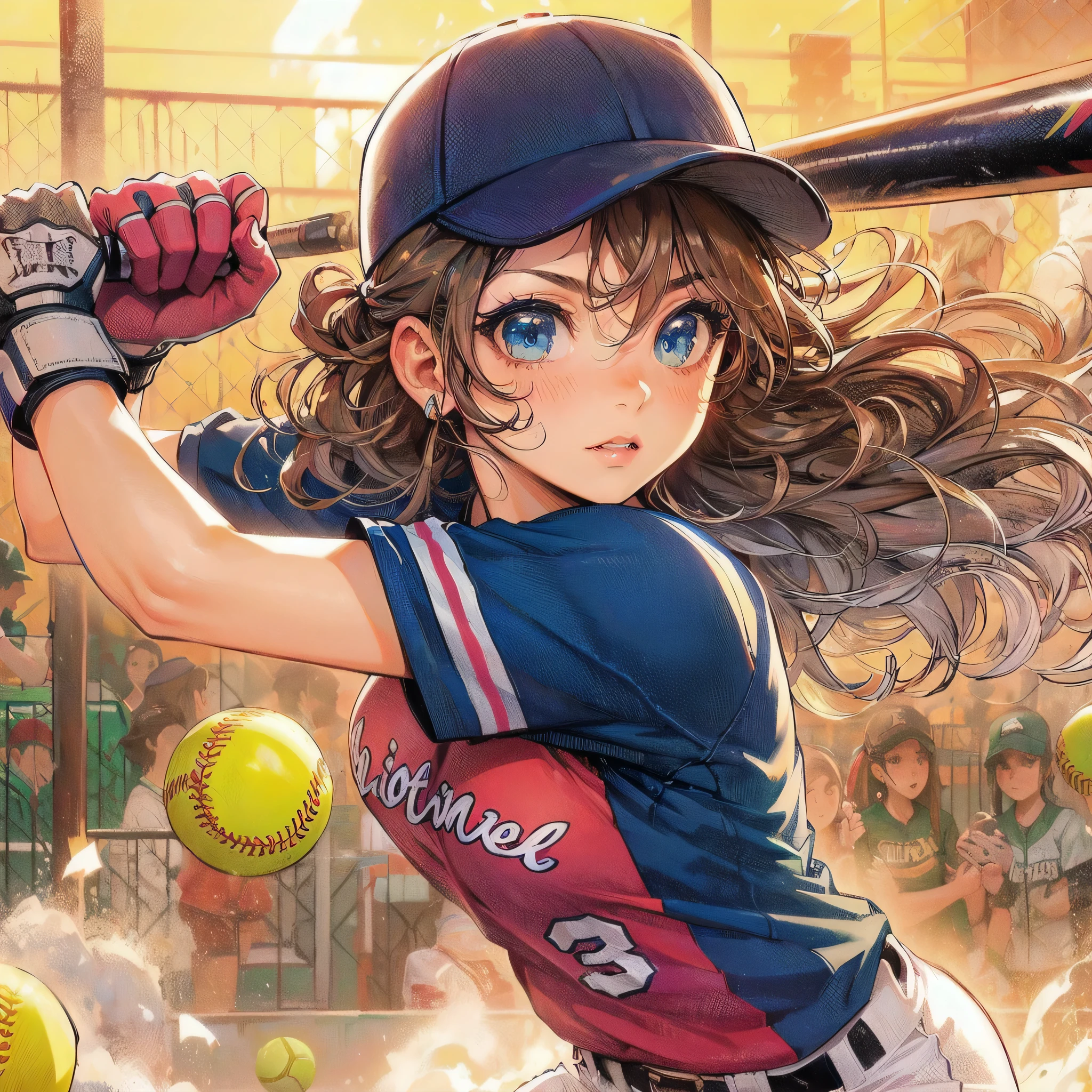 masterpiece, (textured skin), best quality, gorgeous beautiful girl, (a female softball athlete), detailed clothes,large breasts,narrow waist,, (beautiful face), cinematic lighting, (at softball venue ),