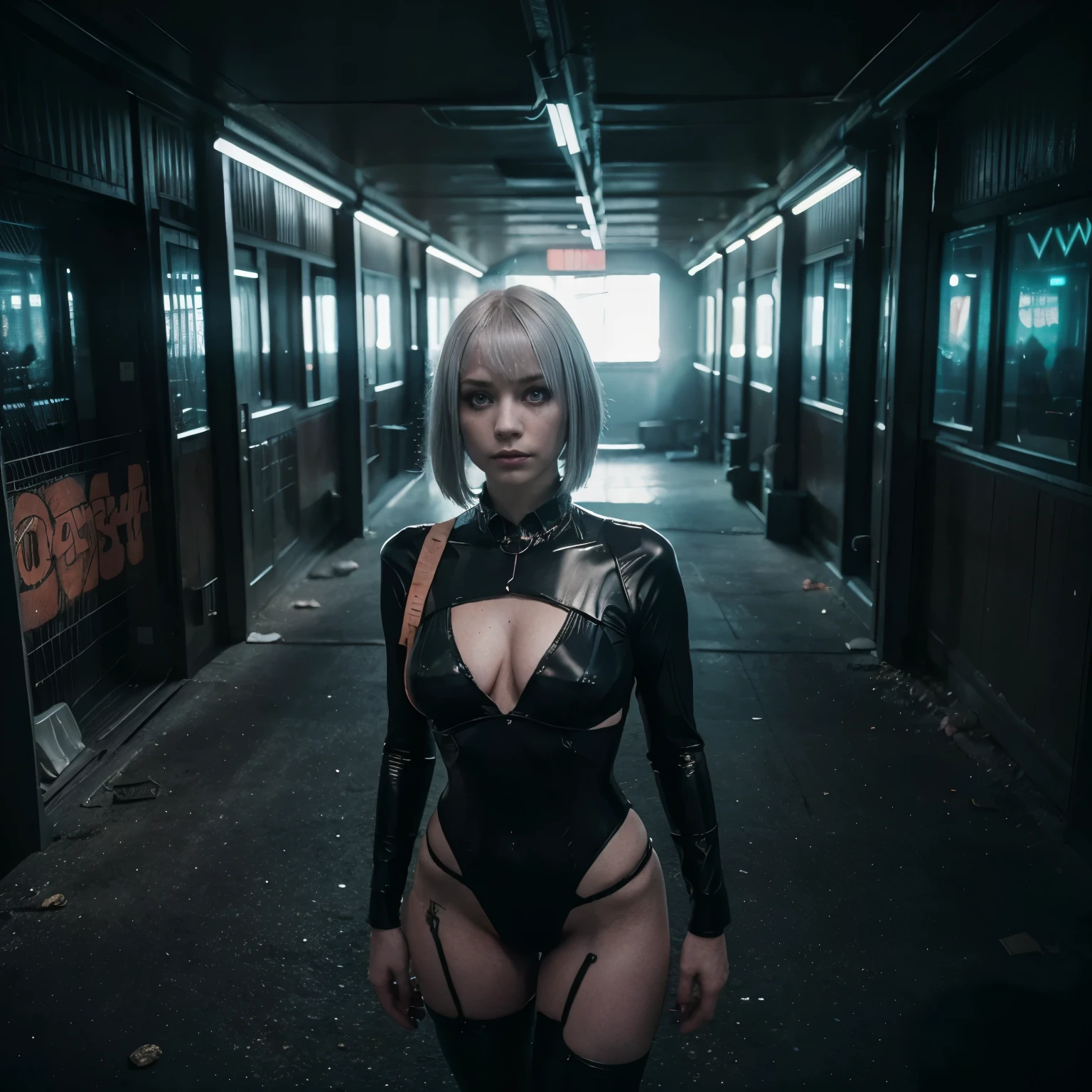 (Best Quality,hight resolution,Masterpiece, half body shot:1.2),Ultra-detailed,woman dressed in a very tight military leotard,sickly,standing with a dark cyberpunk city in the background, she's wearing a very sexy camuflage military bodysuit, cyberpunk alley in the background, tactical bodysuit, noir cyberpunk, perfect body, sensual pose,full body shot, horror vibes, centered subject,gloomy ecstasy,fetish,dark gloomy atmosphere, creepy atmosphere, gritty texture,Retro-atmosphere,warped reality,melancholic expression on his face,mysterious aura,foggy atmosphere,foggy background,Subtle color palette,provocative pose,Strong emotions,Coming Out of the Depths of Despair,Piercing gaze,intense shadows,Plunged in Darkness,dark industrial aesthetic,ominous vibe,A supernatural sensation,Loss of Place in Time and Space,Eerie silence.asymmetrical bangs, freckles, white short hair, Bangs, freckles, gray eyes,