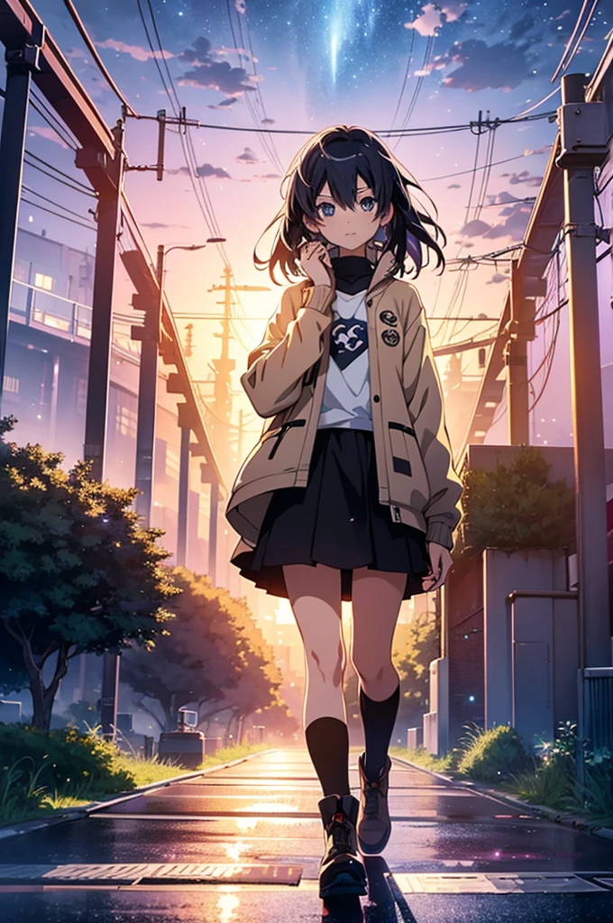 A girl standing on a bridge looking at the night sky, Anime drawings inspired by Makoto Shinkai, CG society hot topic, Sequential Art, anime art wallpaper 4k, anime art wallpaper 4k, anime wallpaper 4k, anime wallpaper 4k, Anime Style 4k, Anime Girl Desktop Backgrounds, Anime Art Wallpapers 8K, 4k anime wallpaper