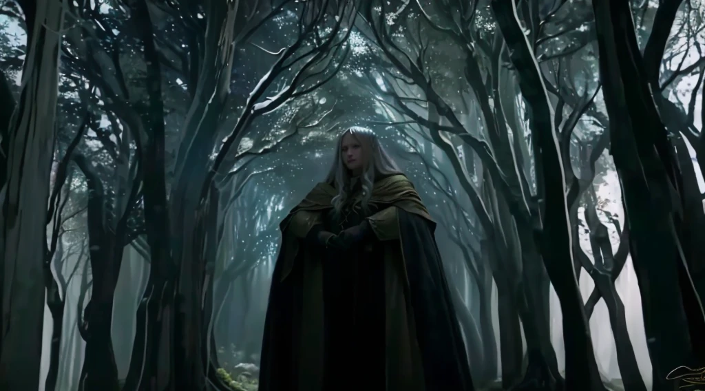 a woman in a cloak is standing in a forest, still from a fantasy movie, in a cloak with long hairs, from netflix's arcane, from witcher (2021), galadriel in lothlórien, scene where she is in rivendell, woman in a dark forest, lord of the rings aesthetic