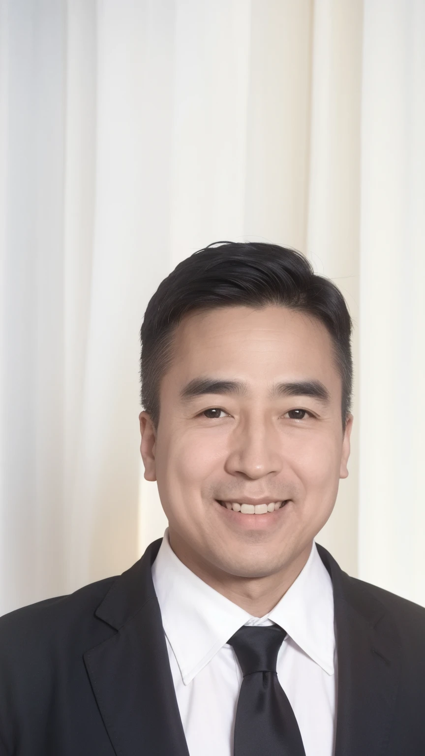 40-year-old male， Soft headlight，High-density imaging，（Clean and delicate face），((Black suit))，((Various dynamic poses))，((Smile))，((White curtains in the background))，best quality，masterpiece，（Soft colors：1.2）