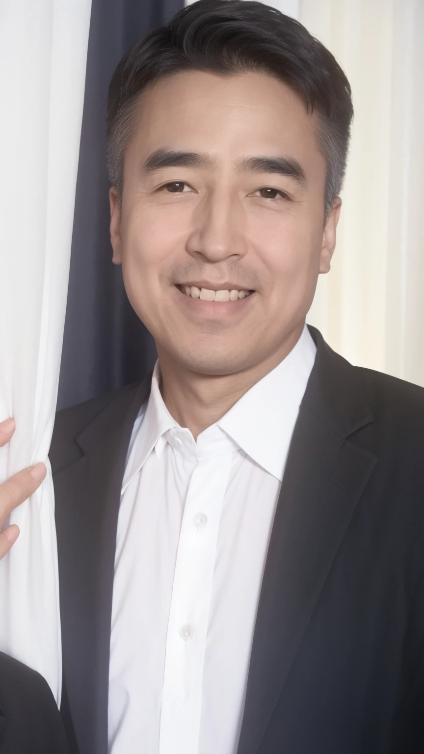40-year-old male, Soft headlight,High-density imaging,(Clean and delicate face),((Black suit)),((Various dynamic poses)),((Smile)),((White curtains in the background)),best quality,masterpiece,(Soft colors:1.2)