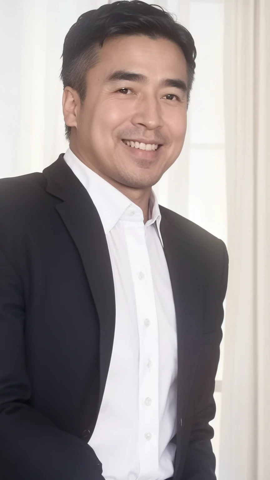 40-year-old male, Soft headlight,High-density imaging,(Clean and delicate face),((Black suit)),((Various dynamic poses)),((Smile)),((White curtains in the background)),best quality,masterpiece,(Soft colors:1.2)