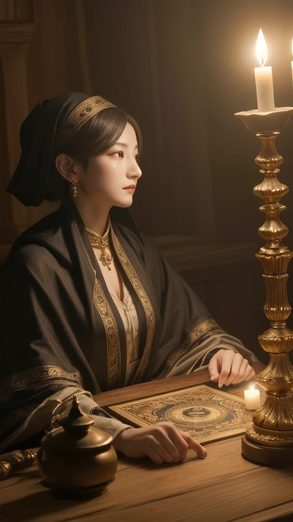 A beautiful and mysterious fortune teller in a compact and attractive setting. The fortune teller is wearing a cloak, have exquisitely detailed facial features. The scene is dim, Create an atmosphere of uncertainty and expectation. The fortune teller is sitting at a table and looking straight ahead, Crystal Jade, Tarot Cards. The table is surrounded by candles, Adding to the mystical atmosphere. The lighting in the room is dim, Casts a fascinating shadow that enhances the mysterious atmosphere. The fortune teller holds a large, bright crystal ball in his hand., Gaze on the symbol for insight into the future. The overall artwork must be of the highest quality, 4k or 8k resolution. The level of detail needs to be highly detailed and realistic, Almost photorealistic. Artistic style should reflect official aesthetics, Vivid colors and strong contrast. The color tone is、It should emphasize the mystical and mystical theme of the artwork.。. The fortune teller&#39;s cloak is decorated with intricate designs, Adopts a metallic border with a thickness ratio of 1.5. moreover, The composition must incorporate a decorative rose border. The scene should have a magical feel to it., It resembles a starry night sky. The fortune teller&#39;s facial expression should convey mystery and intrigue..