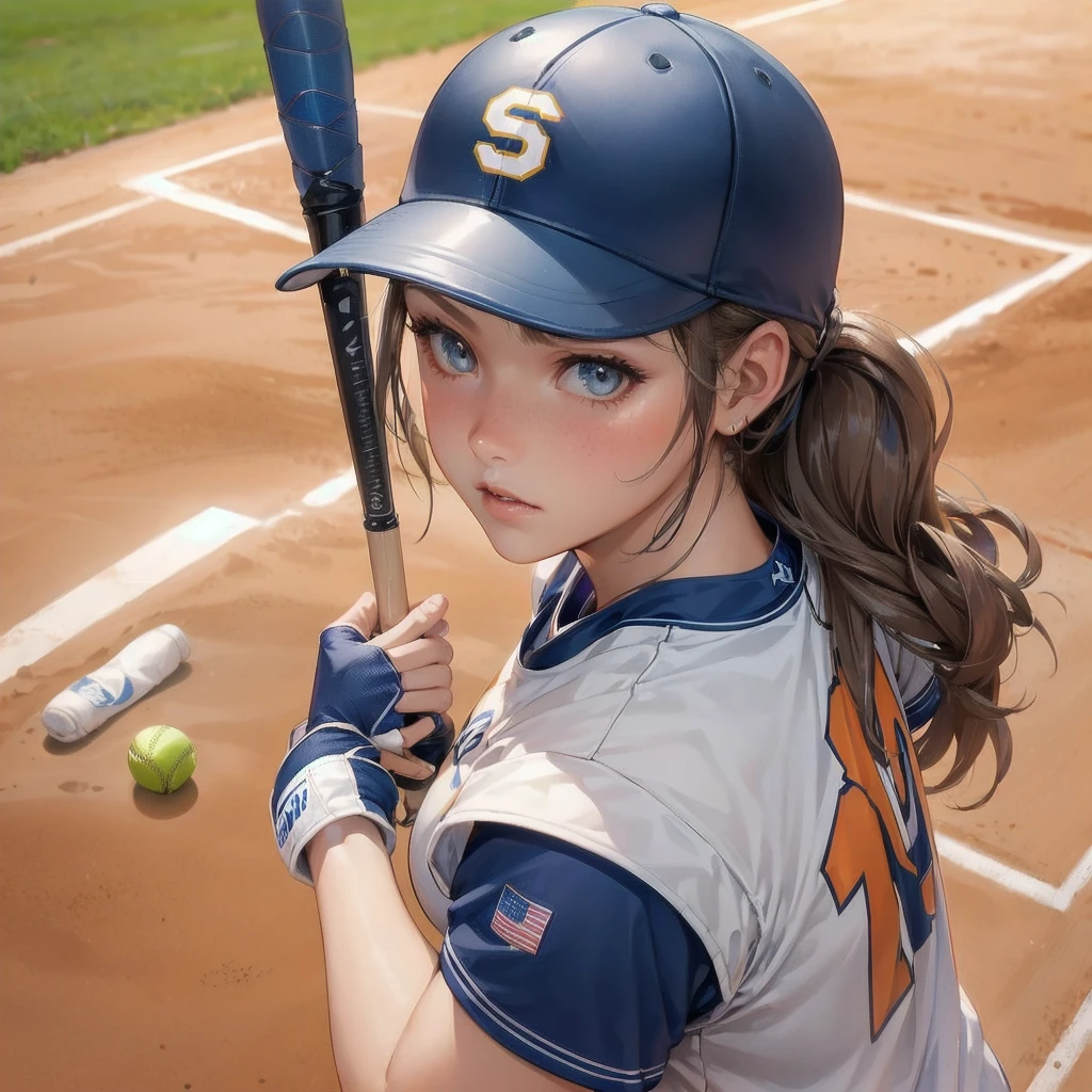  masterpiece, (textured skin), best quality, gorgeous beautiful girl, (a female softball athlete), detailed clothes,large breasts,narrow waist,, (beautiful face), cinematic lighting, (at softball venue ),