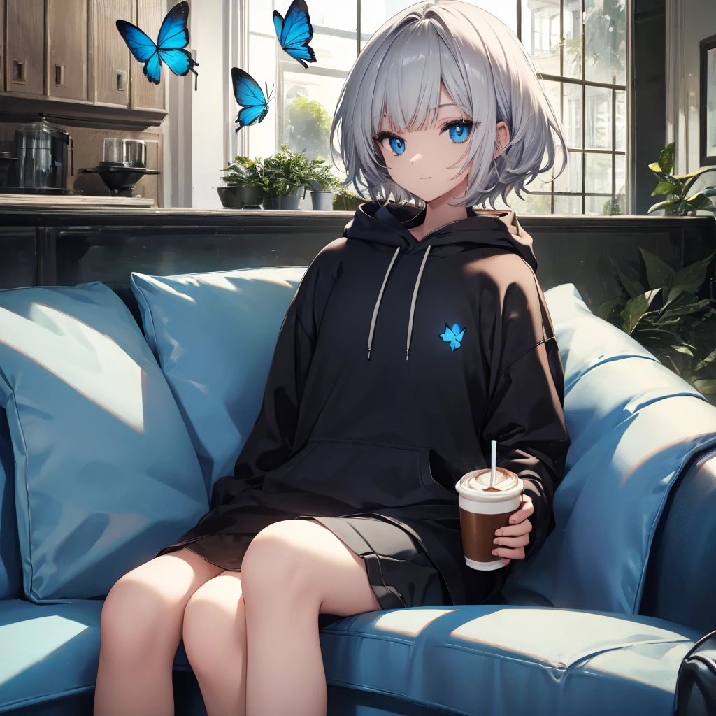 (((1 person　Gray Hair　Sit on the sofa　Crossing your legs　blue eyes)))　((High resolution　short hair　hoodie　Black Skirt　Rin々Funny face))　((Close-up))　((Blue butterfly　Asahi　Shining Aura　Catch the wind　Holding a cup　Drink coffee))　(smile　Bathed in light)　Shining Background　Shining Edge