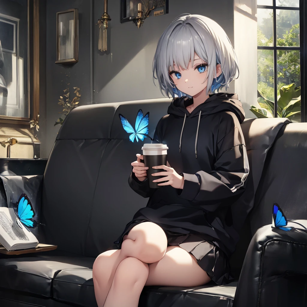 (((1 person　Gray Hair　Sit on the sofa　Crossing your legs　blue eyes)))　((High resolution　short hair　hoodie　Black Skirt　Rin々Funny face))　((Close-up))　((Blue butterfly　Asahi　Shining Aura　Catch the wind　Holding a cup　Drink coffee))　(smile　Bathed in light)　Shining Background　Shining Edge