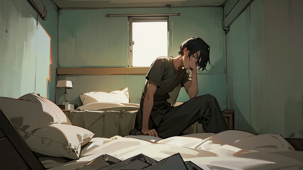 the guy sits on the bed and is afraid. dark. in the bunker