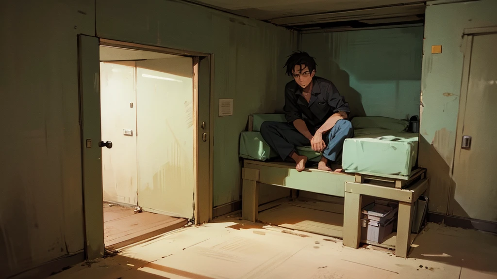 the guy sits on the bed and is afraid. dark. in the bunker