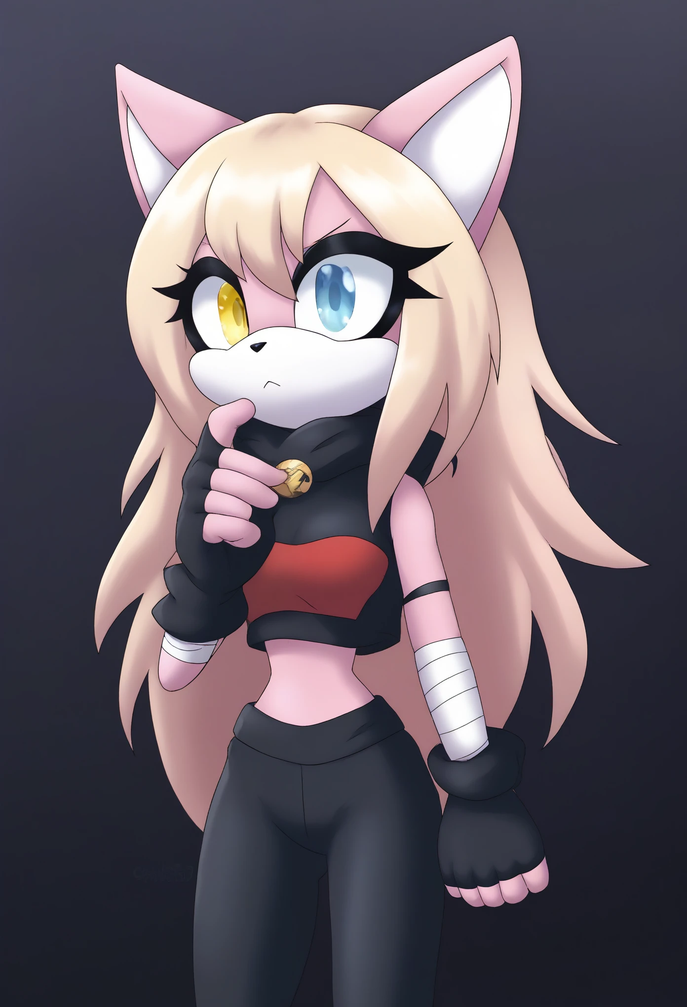 (1girl), (solo), Female Cat, pink fur, (blonde hair), long hair, lower back length hair, large hair bangs, side locks, hair over shoulders, heterochromia, left yellow eye, right light blue eye, (black poncho), black cape, black yoga pants, black fingerless gloves, bandaged arms, eyelashes, looking to the side, daytime, mobian, mobius city, half body, portrait, one hand beside face