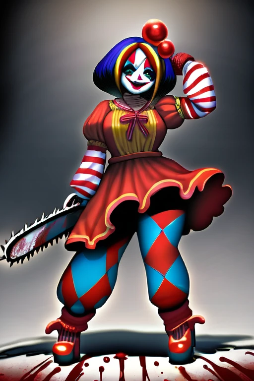 Woman dressed as a clown painted her face like a clown with a big psychopathic smile and blood on her face with a chainsaw in her hands and with a big butt
