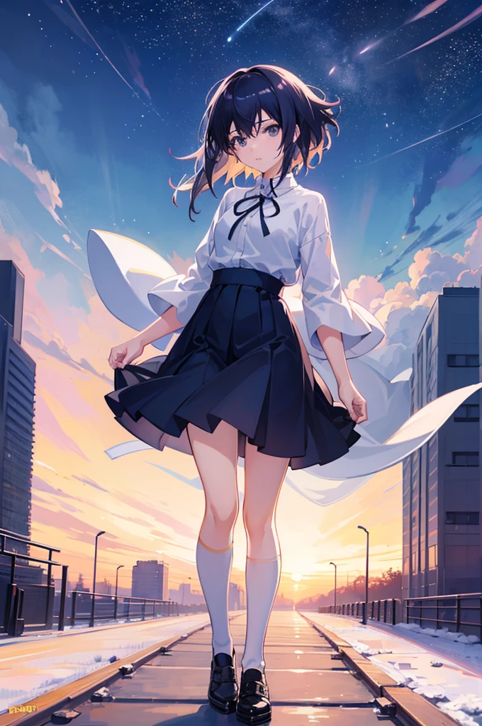 A girl standing on a bridge looking at the night sky, Anime drawings inspired by Makoto Shinkai, CG society hot topic, Sequential Art, anime art wallpaper 4k, anime art wallpaper 4k, anime wallpaper 4k, anime wallpaper 4k, Anime Style 4k, Anime Girl Desktop Backgrounds, Anime Art Wallpapers 8K, 4k anime wallpaper