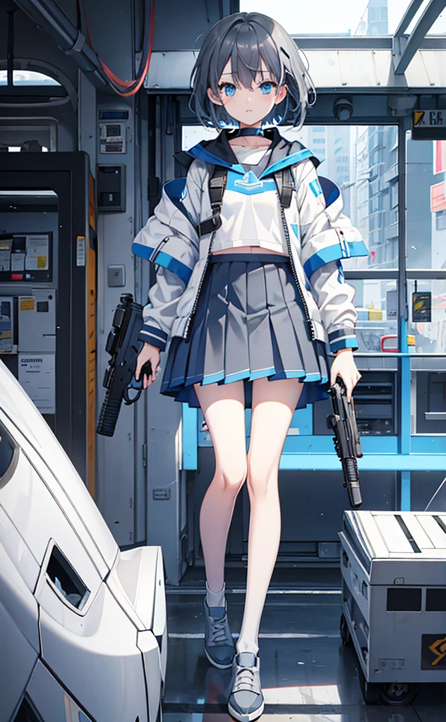 Loli,Dark gray hair,Blue Eyes,White jacket and grey short sleeves,Blue skirt for lower body,Technology,flat chest,Holding a gun,Airplane anthropomorphism,whole body。