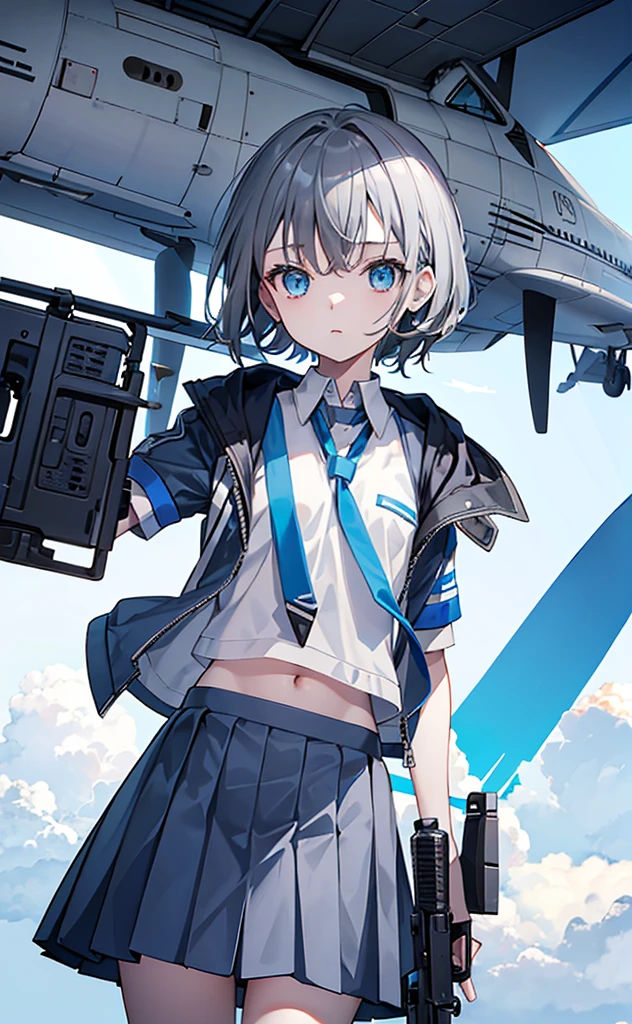,Dark gray hair,Blue Eyes,White jacket and grey short sleeves,Blue skirt for lower body,Technology,flat chest,Holding a gun,Airplane anthropomorphism,whole body。