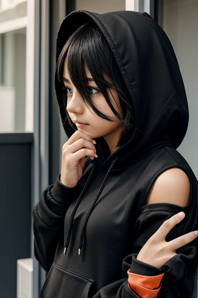 A ANIME GIRL OF AGE OF 14 WEARING BLACK HOODIE