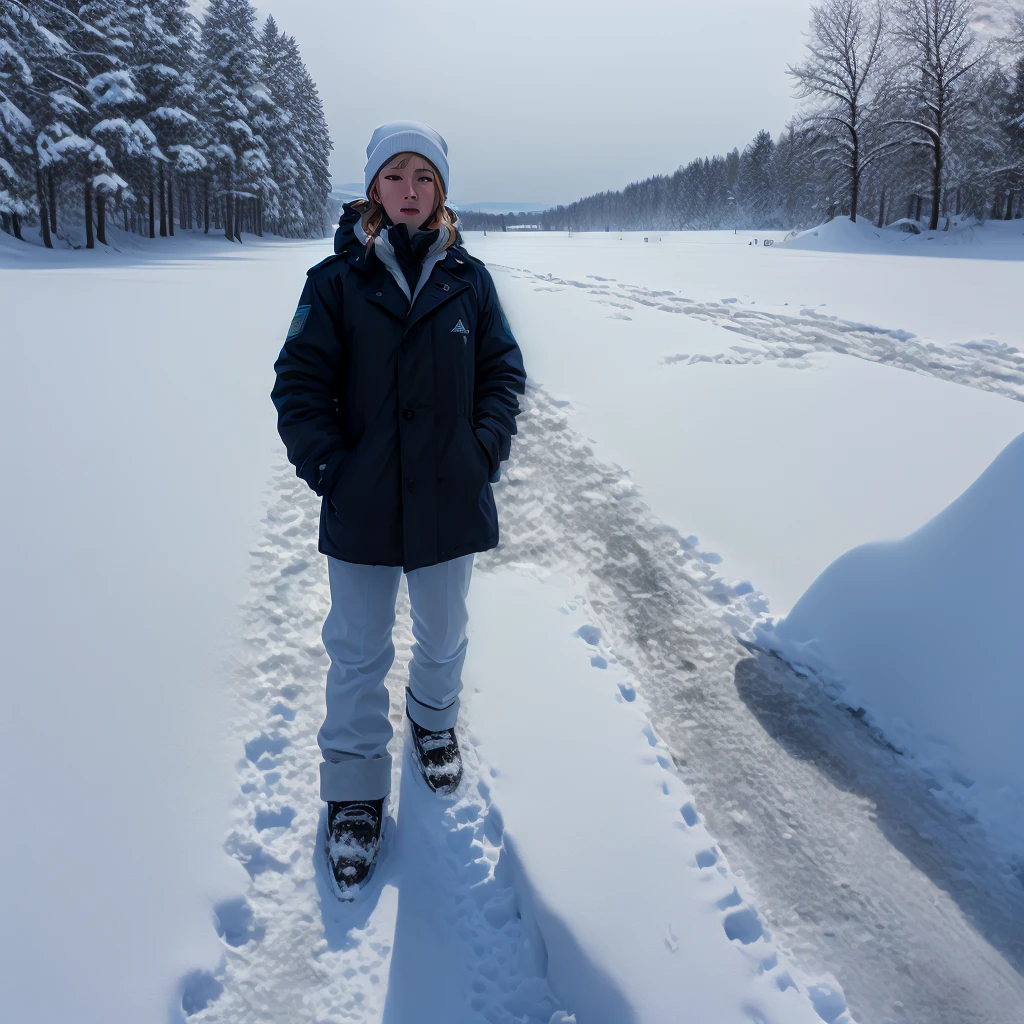 someone is standing in the snow with their feet in the snow, standing in the snow, walking on ice, standing on the water ground, stands in a pool of water, footsteps in the snow, feet on the ground, standing in a parking lot, standing on a ship deck, standing in midground, looking at the ground, snow field