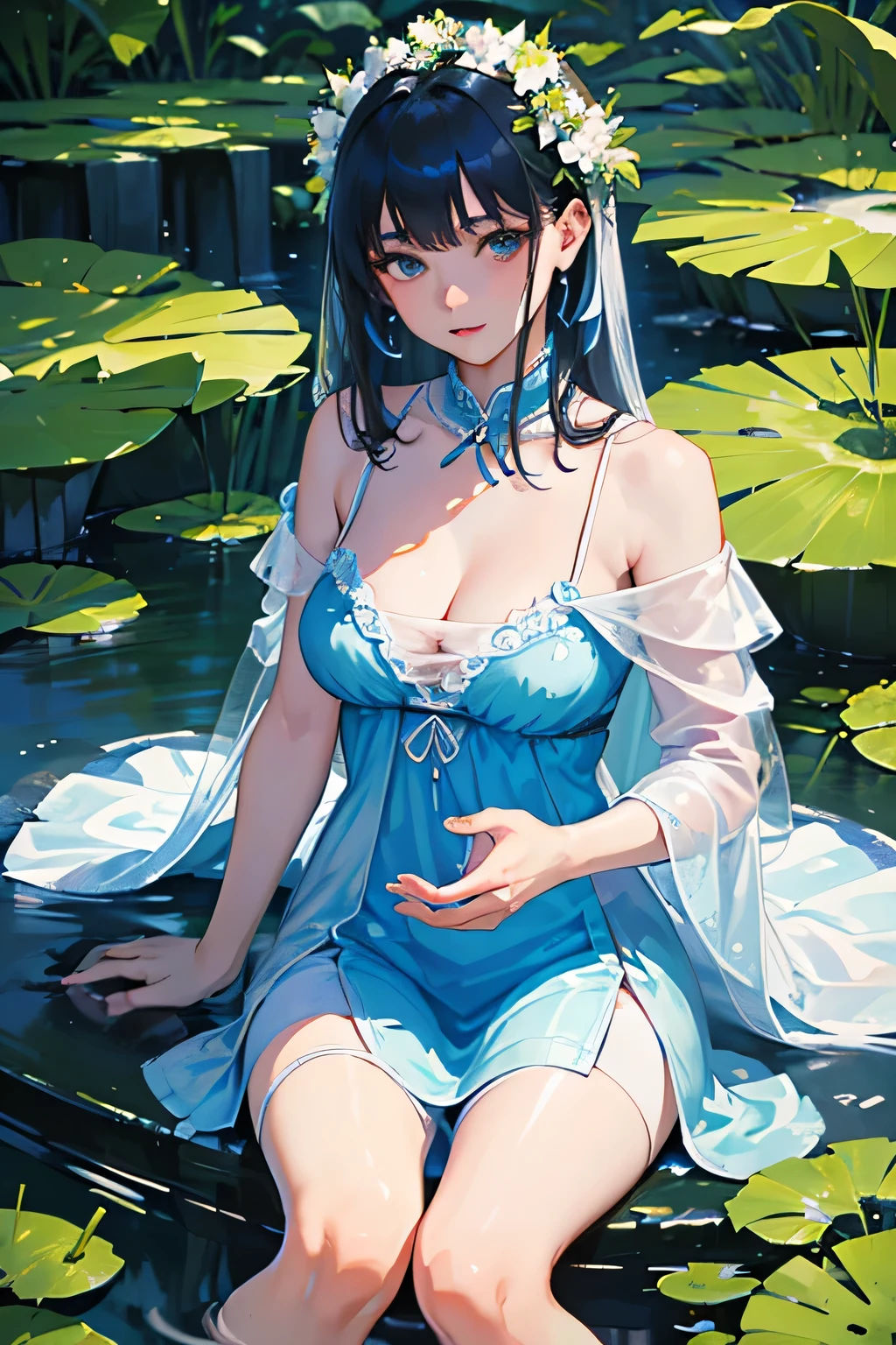 masterpiece, top quality, super detailed, high resolution, (realistic, photorealistic:1.37), excellent anatomy, beautiful 1 woman, there is a blue dress, long legs, woman sitting on a rock in the water, standing gracefully on a lotus flower, heavenly beauty, wearing a blue Chinese dress, court, summer is full of fairies, in the pond, a surprisingly young and mysterious person, loose fitting dress, light blue, hair behind the ear, best light, best shadow, mysterious, perfect face, highly detailed,