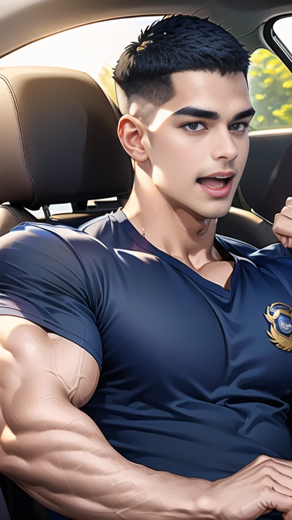 (Create a masterpiece: 1.2),(CGI art:1.3),(realistic:1.5),(After processing:1.3),(Sharp focus:1.3), 1 man holds the steering wheel of a car ,(crew cut short hair:1.8),black eye, smile, (Wear color navy round neck T-shirt with a Police badge: 1.3), Navy blue jeans, Korean guy , korean men, (High gloss details), chest muscles, large arm muscles, blood vessel, Big muscles, Broad shoulders, looking at the audience, Balancing the eyes, middle of the road, (drive a car: 1.5), (in the car: 1.3), , middle of the road, (open mouth:1.2)