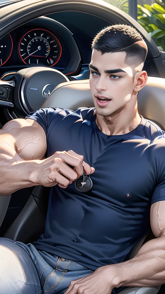 (Create a masterpiece: 1.2),(CGI art:1.3),(realistic:1.5),(After processing:1.3),(Sharp focus:1.3), 1 man holds the steering wheel of a car ,(crew cut short hair:1.8),black eye, smile, (Wear color navy round neck T-shirt with a Police badge: 1.3), Navy blue jeans, Korean guy , korean men, (High gloss details), chest muscles, large arm muscles, blood vessel, Big muscles, Broad shoulders, looking at the audience, Balancing the eyes, middle of the road, (drive a car: 1.5), (in the car: 1.3), , middle of the road, (open mouth:1.2)