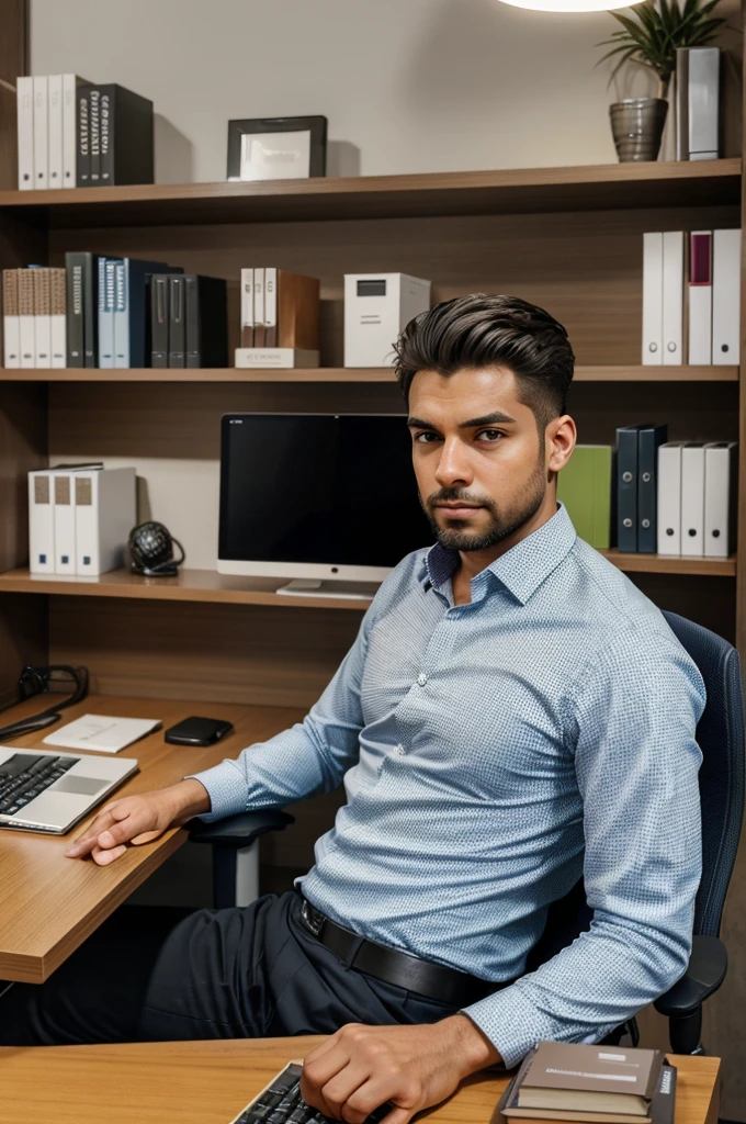 "A focused man sits at his desk in a modern office, typing code on his computer with lines of code visible on the screen. The office environment around him is organized, with shelves of books and office supplies."

