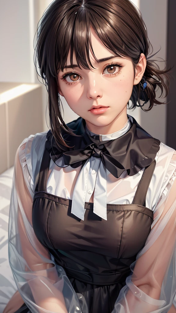 (（（Perfect body,White and tender skin,（（（black dress, pinafore dress, sleeveless dress, white shirt, black ribbon, neck ribbon, long sleeves, black choker，）））,（（（Kobeni Higashiyama, black hair, hair ornament, hairclip, ponytail, short hair, (brown eyes:1.5),）））,((masterpiece)),highres,((Best quality at best)),masterpiece,quality,Best quality,(（（ Exquisite facial features,Looking at the audience,There is light in the eyes,(（（frown，Wronged））），Look up）））,（（（Light and shadow,Huge breasts,）））,（（（Looking at the camera,White background)））)