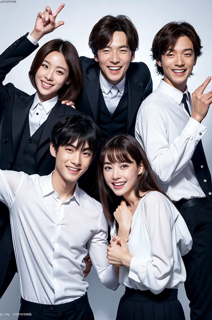 Des amis korean pose pour une photo, un air agréable, il on l'air responsable les uns des autres. Ils sont charismatiques, très bien détaillés, beaux visages, beaux yeux. À côté d'un lycée coréen. Style kdrama. Suspens. Ils ont tous 18 years. Lumières sombres.