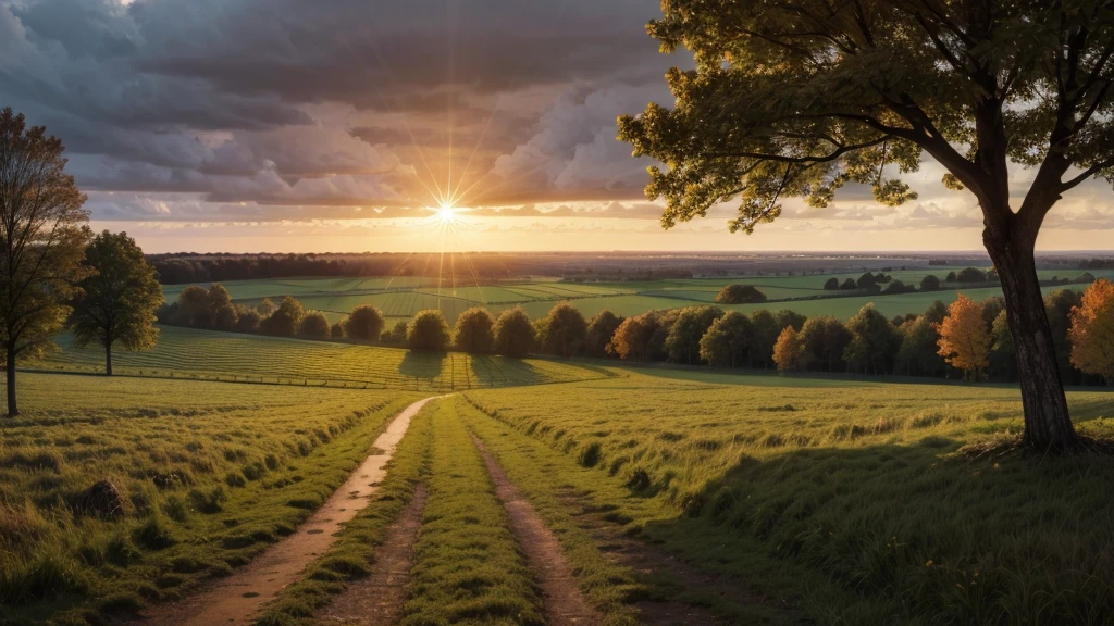 landscape, rain and sun, Field, plain, sunset, trees, autumn
