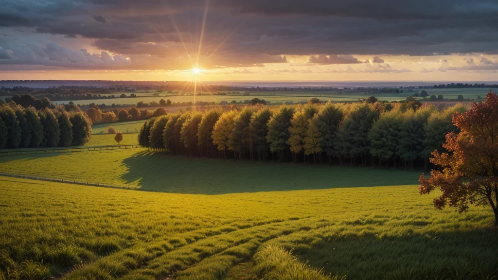 landscape, rain and sun, Field, plain, sunset, trees, autumn