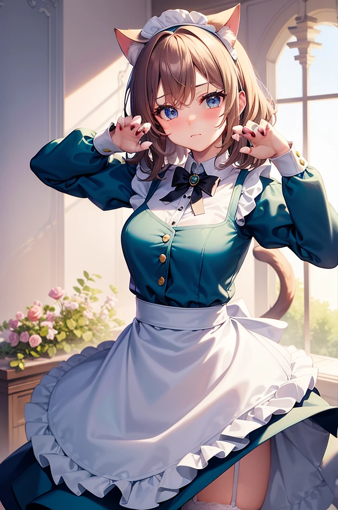 masterpiece, best quality,1girl, solo,whtie hair,medium hair,blue eyes,long sleeves,juliet sleeves,apron,maid,maid headdress,puffy sleeves,green dress,vest,buttons, white thighhighs,standing, looking at viewer, nose blush, (cat ear, claw pose:1.2),