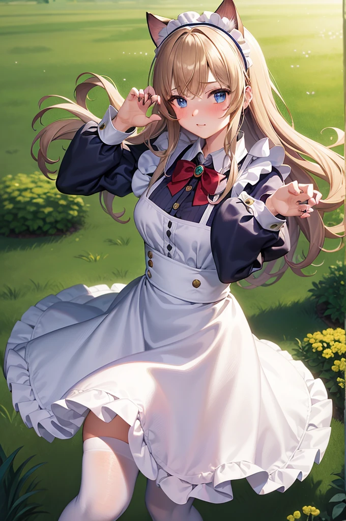 masterpiece, best quality,1girl, solo,whtie hair,medium hair,blue eyes,long sleeves,juliet sleeves,apron,maid,maid headdress,puffy sleeves,green dress,vest,buttons, white thighhighs,standing, looking at viewer, nose blush, (cat ear, claw pose:1.2),