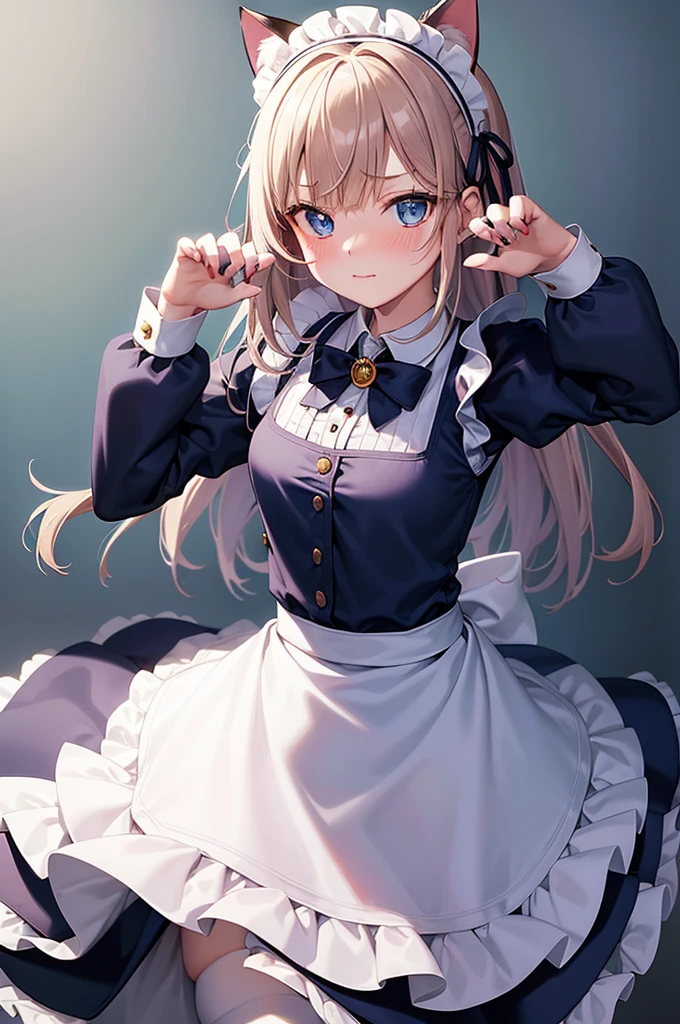 masterpiece, best quality,1girl, solo,whtie hair,medium hair,blue eyes,long sleeves,juliet sleeves,apron,maid,maid headdress,puffy sleeves,green dress,vest,buttons, white thighhighs,standing, looking at viewer, nose blush, (cat ear, claw pose:1.2),
