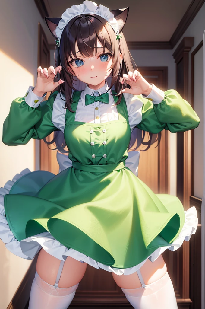 masterpiece, best quality,1girl, solo,whtie hair,medium hair,blue eyes,long sleeves,juliet sleeves,apron,maid,maid headdress,puffy sleeves,green dress,vest,buttons, white thighhighs,standing, looking at viewer, nose blush, (cat ear, claw pose:1.2),