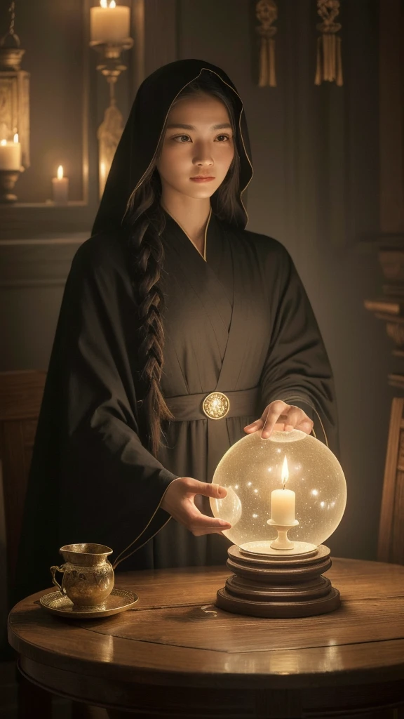 A beautiful and mysterious fortune teller in a compact and attractive setting. The fortune teller is wearing a cloak, have exquisitely detailed facial features. The scene is dim, Create an atmosphere of uncertainty and expectation. The fortune teller is sitting at a table and looking straight ahead, Crystal Jade, Tarot Cards. The table is surrounded by candles, Adding to the mystical atmosphere. The lighting in the room is dim, Casts a fascinating shadow that enhances the mysterious atmosphere. The fortune teller holds a large, bright crystal ball in his hand., Gaze on the symbol for insight into the future. The overall artwork must be of the highest quality, 4k or 8k resolution. The level of detail needs to be highly detailed and realistic, Almost photorealistic. Artistic style should reflect official aesthetics, Vivid colors and strong contrast. The color tone is、It should emphasize the mystical and mystical theme of the artwork.。. The fortune teller's cloak is decorated with intricate designs, Adopts a metallic border with a thickness ratio of 1.5. moreover, The composition must incorporate a decorative rose border. The scene should have a magical feel to it., It resembles a starry night sky. The fortune teller's facial expression should convey mystery and intrigue..
