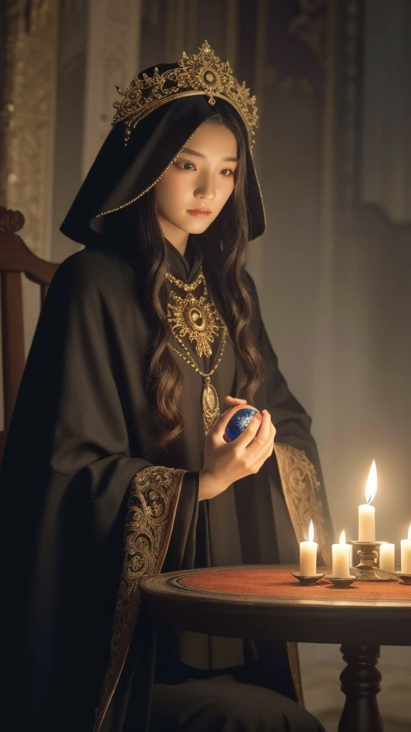 A beautiful and mysterious fortune teller in a compact and attractive setting. The fortune teller is wearing a cloak, have exquisitely detailed facial features. The scene is dim, Create an atmosphere of uncertainty and expectation. The fortune teller is sitting at a table and looking straight ahead, Crystal Jade, Tarot Cards. The table is surrounded by candles, Adding to the mystical atmosphere. The lighting in the room is dim, Casts a fascinating shadow that enhances the mysterious atmosphere. The fortune teller holds a large, bright crystal ball in his hand., Gaze on the symbol for insight into the future. The overall artwork must be of the highest quality, 4k or 8k resolution. The level of detail needs to be highly detailed and realistic, Almost photorealistic. Artistic style should reflect official aesthetics, Vivid colors and strong contrast. The color tone is、It should emphasize the mystical and mystical theme of the artwork.。. The fortune teller's cloak is decorated with intricate designs, Adopts a metallic border with a thickness ratio of 1.5. moreover, The composition must incorporate a decorative rose border. The scene should have a magical feel to it., It resembles a starry night sky. The fortune teller's facial expression should convey mystery and intrigue..