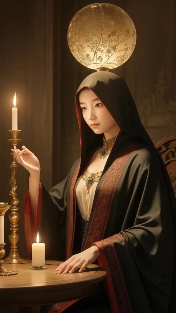 A beautiful and mysterious fortune teller in a compact and attractive setting. The fortune teller is wearing a cloak, have exquisitely detailed facial features. The scene is dim, Create an atmosphere of uncertainty and expectation. The fortune teller is sitting at a table and looking straight ahead, Crystal Jade, Tarot Cards. The table is surrounded by candles, Adding to the mystical atmosphere. The lighting in the room is dim, Casts a fascinating shadow that enhances the mysterious atmosphere. The fortune teller holds a large, bright crystal ball in his hand., Gaze on the symbol for insight into the future. The overall artwork must be of the highest quality, 4k or 8k resolution. The level of detail needs to be highly detailed and realistic, Almost photorealistic. Artistic style should reflect official aesthetics, Vivid colors and strong contrast. The color tone is、It should emphasize the mystical and mystical theme of the artwork.。. The fortune teller's cloak is decorated with intricate designs, Adopts a metallic border with a thickness ratio of 1.5. moreover, The composition must incorporate a decorative rose border. The scene should have a magical feel to it., It resembles a starry night sky. The fortune teller's facial expression should convey mystery and intrigue..