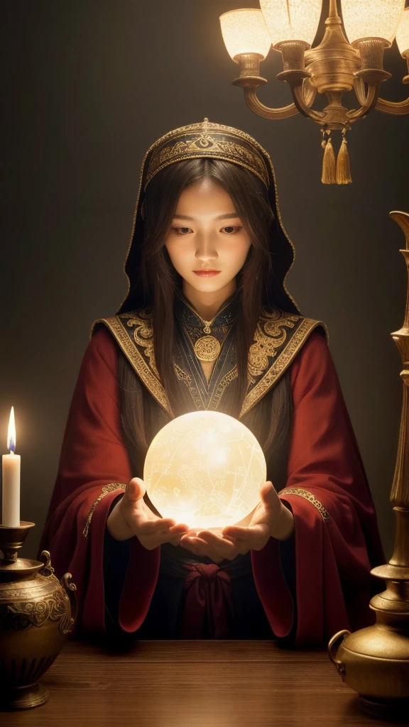 A beautiful and mysterious fortune teller in a compact and attractive setting. The fortune teller is wearing a cloak, have exquisitely detailed  features. The scene is dim, Create an atmosphere of uncertainty and expectation. The fortune teller is sitting at a table and looking straight ahead, Crystal Jade, Tarot Cards. The table is surrounded by candles, Adding to the mystical atmosphere. The lighting in the room is dim, Casts a fascinating shadow that enhances the mysterious atmosphere. The fortune teller holds a large, bright crystal ball in his hand., Gaze on the symbol for insight into the future. The overall artwork must be of the highest quality, 4k or 8k resolution. The level of detail needs to be highly detailed and realistic, Almost photorealistic. Artistic style should reflect official aesthetics, Vivid colors and strong contrast. The color tone is、It should emphasize the mystical and mystical theme of the artwork.。. The fortune teller's cloak is decorated with intricate designs, Adopts a metallic border with a thickness ratio of 1.5. moreover, The composition must incorporate a decorative rose border. The scene should have a magical feel to it., It resembles a starry night sky. The fortune teller's  expression should convey mystery and intrigue..