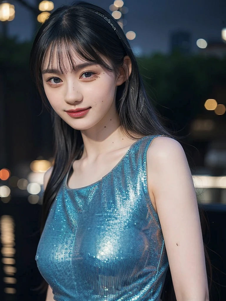 1girl,(wearing a blue glittery evening dress:1.2),(RAW photo, best quality), (realistic, photo-realistic:1.4), masterpiece, an extremely delicate and beautiful, extremely detailed, 2k wallpaper, Amazing, finely detail, extremely detailed CG unity 8k wallpaper, ultra-detailed, highres, soft light, beautiful detailed girl, extremely detailed eyes and face, beautiful detailed nose, beautiful detailed eyes,cinematic lighting,city lights at night,perfect anatomy,slender body,light smile,close up,(long hair with bangs)