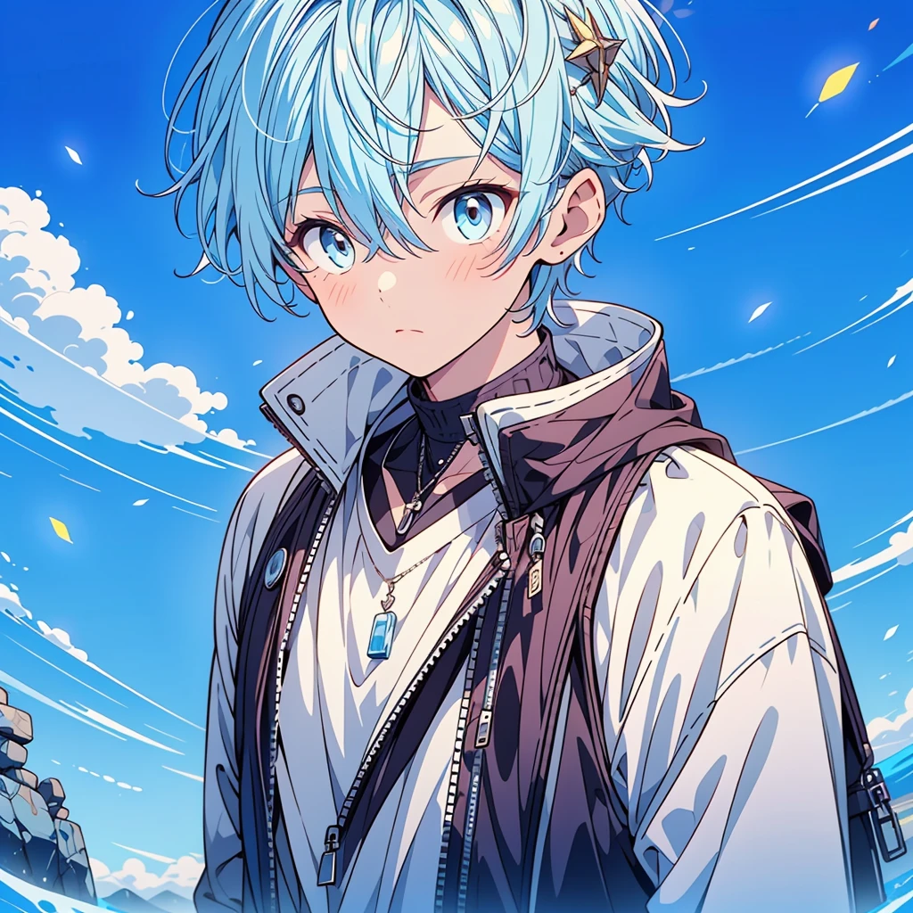 1boy、Highest quality、Masterpiece、Official Art、Dynamic composition、Handsome young boy、A mixture of light blue and white hair、I'm very surprised、