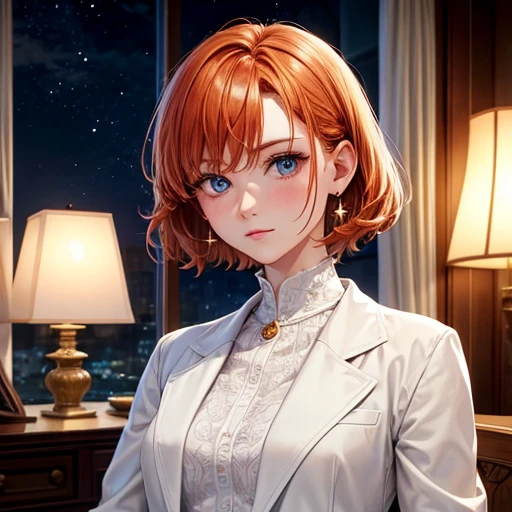 Highest quality, (masterpiece:1.2), figure, Absurd, (One girl, alone), (Beautiful detailed girl), ((Upper Body, Portraiture)),, Neck McMillan, short hair, Orange Hair, blue eyes, Medium chest, blue crystal earrings, White jacket, , nice, Calm, View your viewers,, Elegant bedroom interior, night, window, curtain, Starry Sky, lamp, Bookshelf, nightstand, vase, machine,